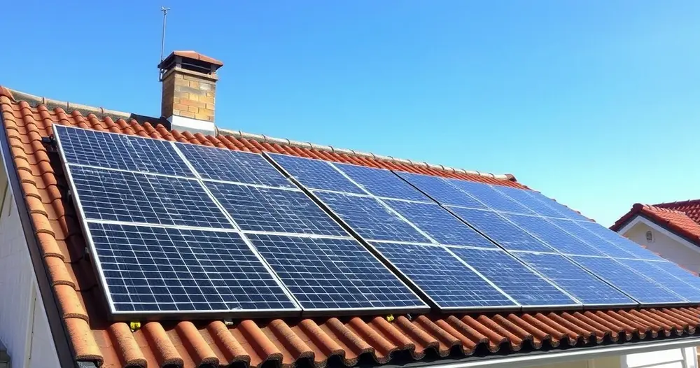 Conjunto de placas solares instaladas em telhado residencial sob céu limpo