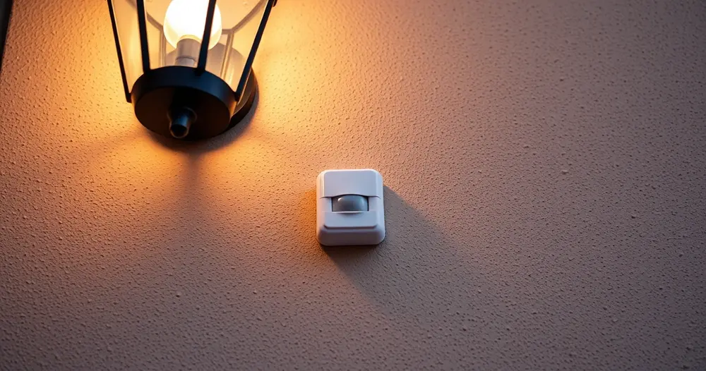 Sensor de presença branco instalado em parede externa abaixo de uma luminária