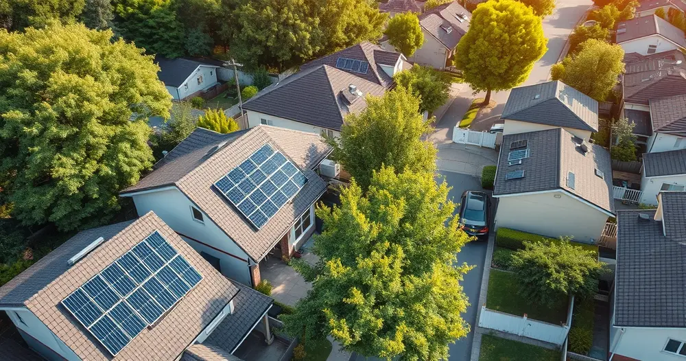 Vista aérea de bairro residencial com placas solares instaladas nos telhados de várias casas