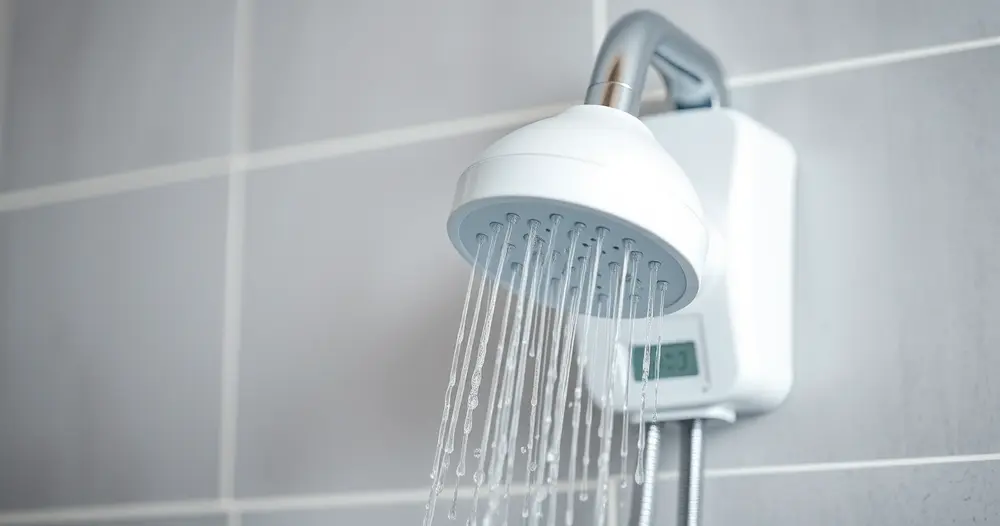 Chuveiro elétrico branco fixado em parede de box com azulejos claros e água corrente