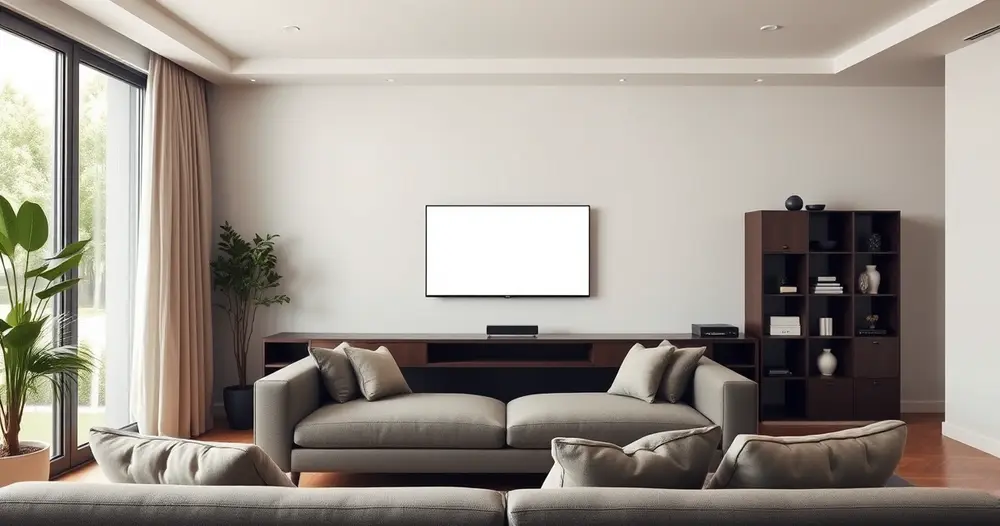 sala de estar com televisão ligada e sofá em frente