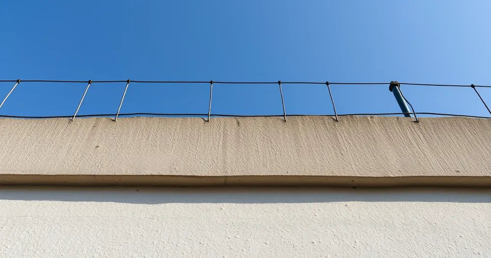 Topo de muro residencial com hastes e fios de cerca elétrica sob céu azul