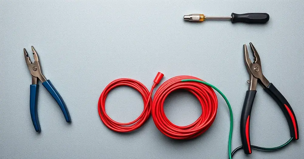 Rolos de fio elétrico vermelho e verde ao lado de alicates e chave de fenda sobre bancada