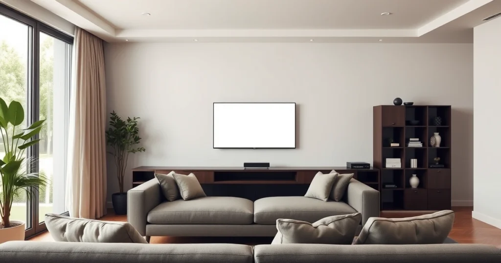 sala de estar com televisão ligada e sofá em frente