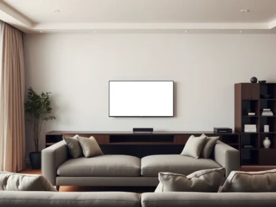 sala de estar com televisão ligada e sofá em frente